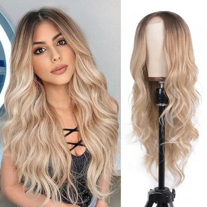 Aida ble Long Wavy Dark Blonde Ombre Wig for Women 26inch Middle Part Wig | Natural Looking Synthetic Wig,Suitable for Daily Wear,Party,Halloween and Cosplay,Beginner-friendly,Lightweight and soft - color: Brown Ombre Blonde