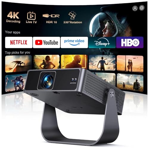 [Official Apps & Live TV & 330° Stand]Smart Mini Projector with WiFi and Bluetooth Ultra-thin, 4K Support Outdoor Movie Projector, Auto Focus, HDR10, Portable 1080P Projector for Bedroom/Home/Celling