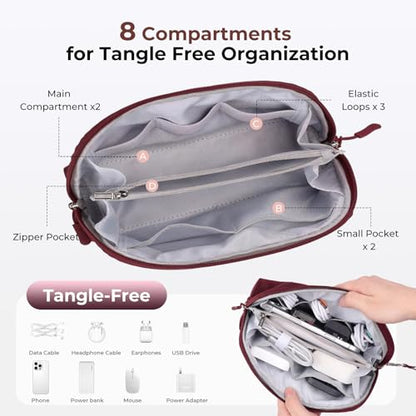 FYY Travel Cable Organizer - 8 Compartments, Lightweight, Water Repellent - color: Wine Red, size: (L) 9.6"× 5.5"× 3.7"