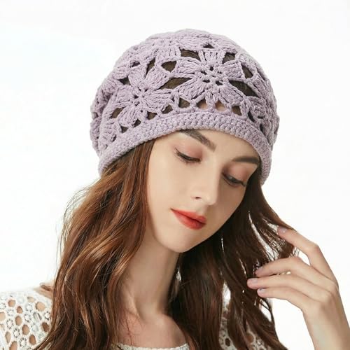 ZLYC Women Cotton Crochet Slouchy Beanie Hat Handmade Knit Summer Skull Cap | Lightweight breathable,boho casual chic look,travel photos festival party,café commute daily wear,beach concert gathering - color: Crochet Purple