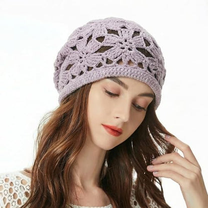 ZLYC Women Cotton Crochet Slouchy Beanie Hat Handmade Knit Summer Skull Cap | Lightweight breathable,boho casual chic look,travel photos festival party,café commute daily wear,beach concert gathering - color: Crochet Purple