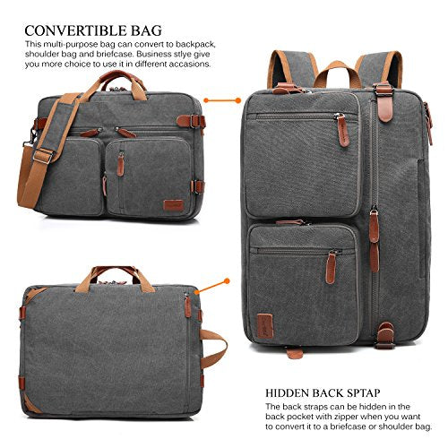 CoolBELL Convertible Backpack Messenger Shoulder Bag Laptop Case Business Briefcase Multi-Functional Travel Handbag Fits 17.3 Inch Laptop for Men/Women (Canvas Dark Grey) - color: Dark Grey, size: 17.3 Inches