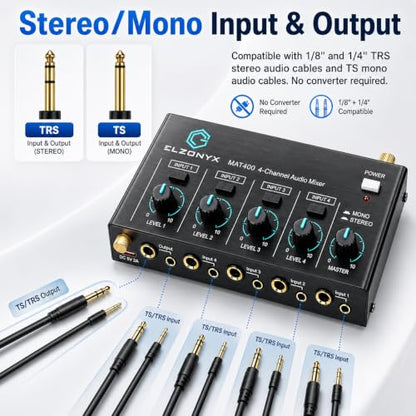 4 Channel Mini Audio Mixer, Stereo Line Mixer with Mono/Stereo Switch, Ultra-Low Noise Sub-Mixer, 1/4" & 1/8" TS/TRS I/O, 5V Adapter, for Keyboard, Guitar, Bass, Electronic Drums