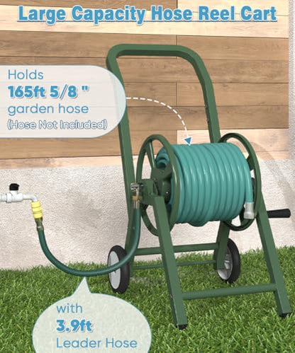 Garden Hose Reel Cart with Wheels, Holds 165 ft of 5/8’’ Hose Outdoor Heavy Duty Powder-coated Steel Water Storage Holder Rack with 3.9 Ft Leader Hose for Outside Lawn Yard, Green