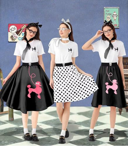 1950s Poodle Skirt Outfit Women 50s Sock Hop Costume T Shirt Accessories - color: Blackpink, size: Small