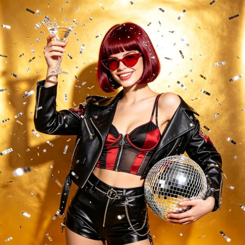 Short Bob Straight Hair Wigs with Bangs, Synthetic Fiber Colorful Hair, Cat Eye Glasses for Women (Burgundy) - color: Burgundy