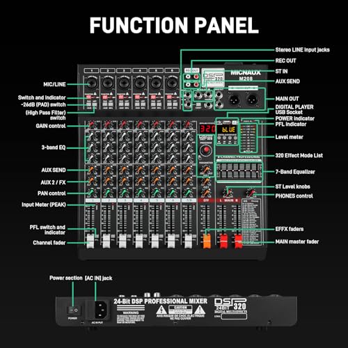 Audio Mixer 8 Channel Professional Sound Console Music Mixer with 320 DSP Effects, 7-band EQ DJ Mixing Board w/USB, Bluetooth, 48V Power Supply, PAD Button for Recording Karaoke PA Drum Live - size: 8 Channel - 13.3in