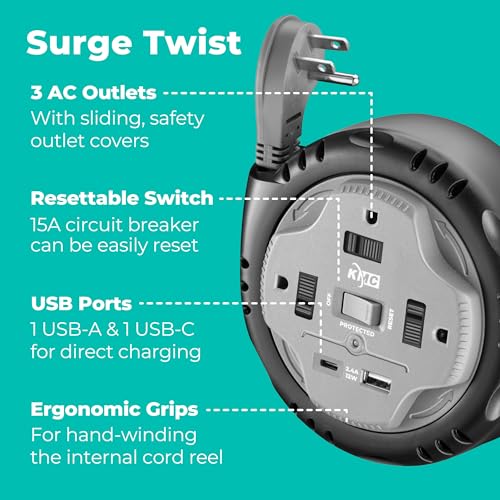 KMC 3-Outlet Surge Twist Cord Reel, USB-C & USB-A Ports, Retractable Power Strip Surge Protector, 735J Surge Protection, 5ft Retractable Extension Cord, 3-Prong Flat Plug, UL/ETL Certified, Gray
