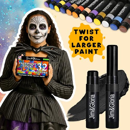 Jim&Gloria Face Paint Kit Bulk 32 Professional Face Painting Kit for Party, Metallic, Neon, Classic Makeup, Facepaint Crayons, Washable Body Paint Adults, Teenage Girls and Boys Christmas Gifts Crafts