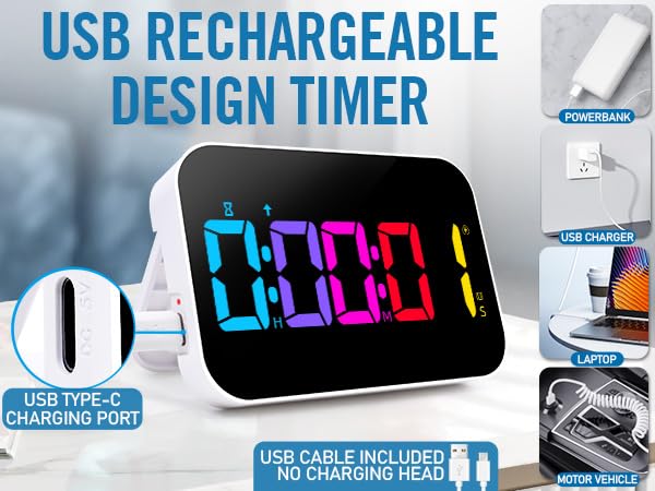 Kitchen Timer （1.5" Number） 10 RGB Color Changing Digital Magnetic Timer, Countdown/Up, Rechargeabilit, 3 Brightness Display, 3 Volume Levels and Vibration Mode, for Classroom, Study, Fitness - color: 5''rgb Charge