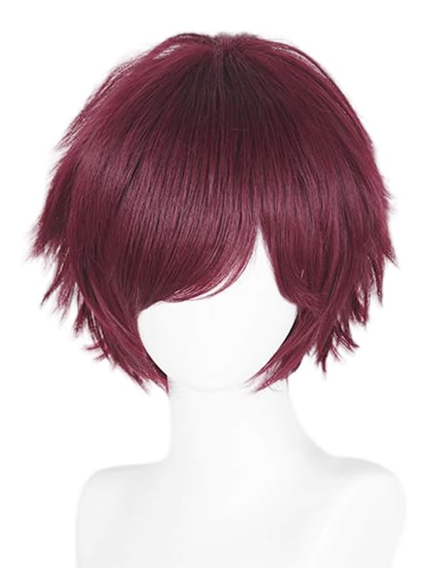 LABEAUTÉ Short Dark Red Anime Cosplay Wig Male Men Anime Layered Unisex Heat Resistant Hair Wig with Bangs for Party and Halloween for Gift + Free Cap - color: Dark Red