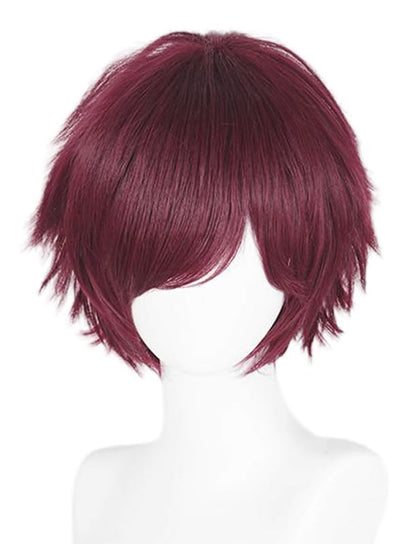 LABEAUTÉ Short Dark Red Anime Cosplay Wig Male Men Anime Layered Unisex Heat Resistant Hair Wig with Bangs for Party and Halloween for Gift + Free Cap - color: Dark Red