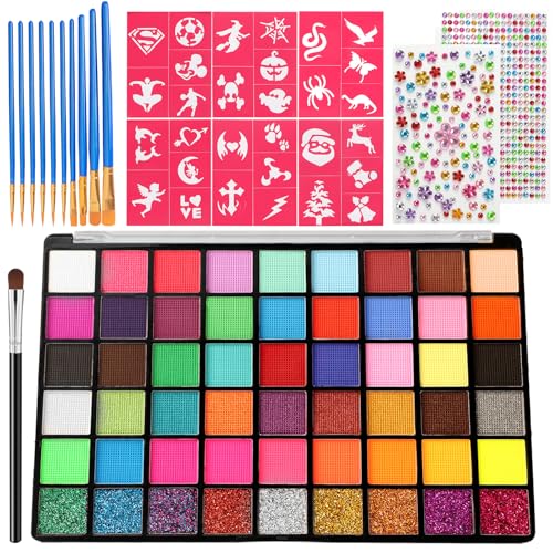 Face Painting Kit , 54 Color Professional Face Painting Kits for kids with 10 Brushes and Stencils, Kids Face Painting Kit Non Toxic Washable Face Paint Makeup Kit for Kids