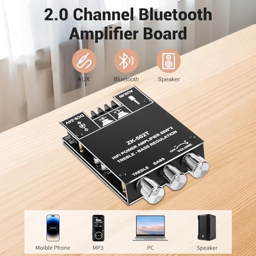 Daakro ZK-502T Bluetooth Amplifier Board,50W+50W 2.0 Channel Amp Board with Treble and Bass Control,DC 12-24V, Bluetooth and AUX Inputs, Audio Amp Board for Home DIY Wireless Speakers, Password Free - color: ZK-502T