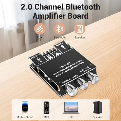 Daakro ZK-502T Bluetooth Amplifier Board,50W+50W 2.0 Channel Amp Board with Treble and Bass Control,DC 12-24V, Bluetooth and AUX Inputs, Audio Amp Board for Home DIY Wireless Speakers, Password Free - color: ZK-502T