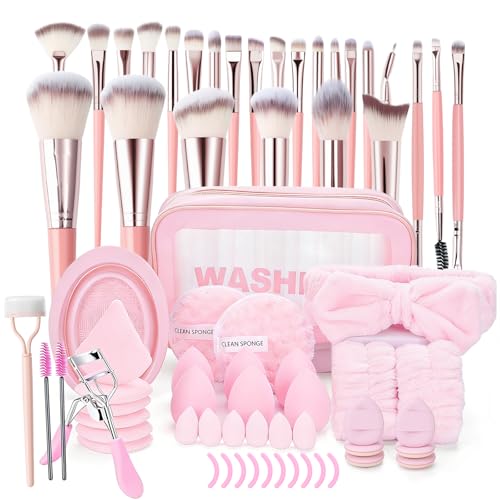 70Pcs Makeup Brushes Set Premium Makeup Kit with Case Premium Synthetic for Foundation Concealer Blush Eyeshadow Powder Contour Makeup Brush Kit Face Eye Make up Brushes & Tools (Pink)