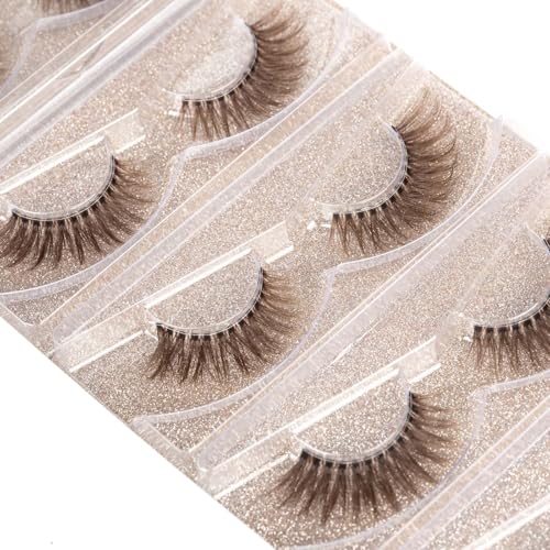 DYSILK Brown Fluffy Eyelashes, 9-16mm 3D Densely Volume Lashes Brown-01 | 5 Pairs Sun-Kissed Cat Eye Lashes, Soft Glam Faux Mink Lashes, Trimmable, Ultra-Fine Clear Band, for Blondes & Light Hair - color: Brown-01