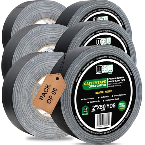 Wow Gaffers Tape 2 Inch Black - 50 Yards (Pack of 6), Residue Free, Non-Reflective & Heavy-Duty - Professional Grade Gaff Tape - Ideal for Photography Backdrop, Cables, Cords & Floor Taping… - color: Black, size: Pack of 6 (Half Dozen)