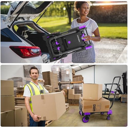 Folding Hand Truck Dolly, 330lb Convertible 4 to 2 Wheel Moving Cart,Purple | Dolly Cart with Retractable, Aluminum Alloy & Cast Iron Build, Nylon Wheels,Compact Fold,for Moving,Office,Delivery,Outdoor - size: 330LB Purple