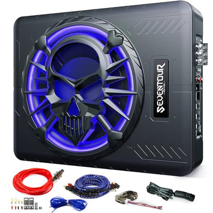 10" 1200W Under Seat Car Subwoofer and amp package，Subs with RGB LED Light | Built in Amplifier,Slim design,Include Mounting Wire Kit,Car/Truck Audio Sub Subwoofer
