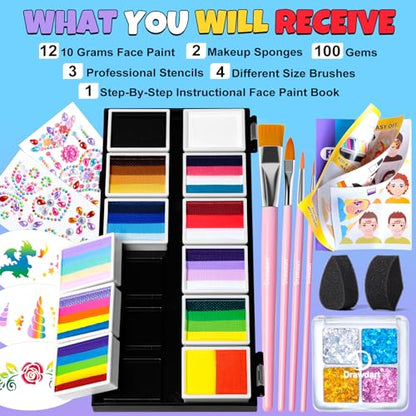 Drawdart Professional Face Painting Kit for Kids Adults, Rainbow Split Cake Face Paint Makeup Palette 12 x 10gm+ 4 Colors Pro Pressed Glitter Eyeshadow Palette, with Brushes Sponges Stencils Gems - color: Classic
