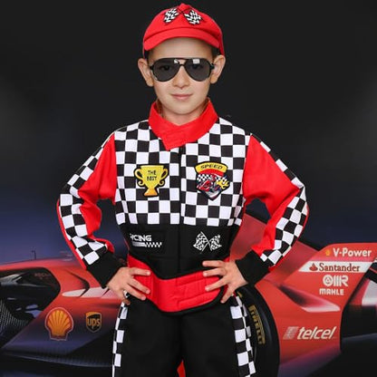 Latocos Kids Race Car Driver Costume Boys Girls Racer Jumpsuit With Car Cap Sunglasses Kids Dress Up Role Play for Halloween - color: Red, size: S(5-7)