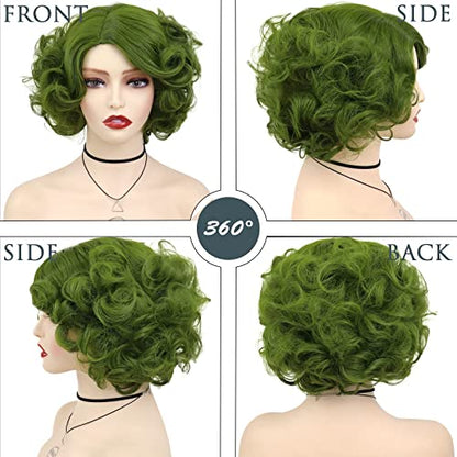 Short Green Curly Wigs For Women Anime Cosplay Halloween Costume Medusa Wig | Olive Green Wig with Side Bangs Fluffy Wavy Layered Party Synthetic Wigs Joker Maven Wig Short Hairstyles Coser Fun Soft - color: Olive Green