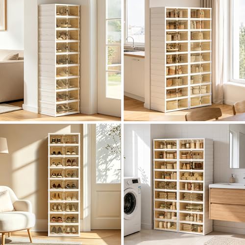Foldable Shoe Rack Set of 2, 9 Tier Collapsible Shoe Rack with Magnetic Doors, Large Capacity Clear Display Cabinet with Wheels for 18 Pairs, Apartment Entryway - size: 9 Layers-C