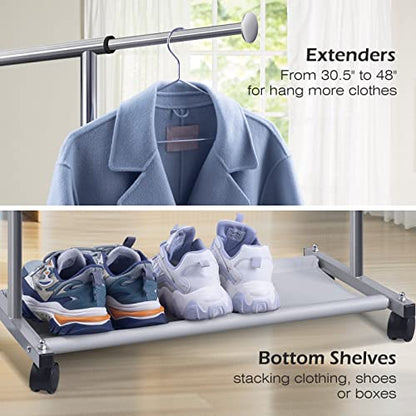 MISSLO Short Clothing Racks for Hanging Clothes with Bottom Shelves and Wheels Heavy Duty Rolling Clothes Rack Kids Clothing Rack for Adult Coat, Closet, Wardrobe - color: Silver