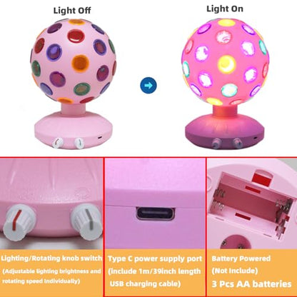 Spinning Disco Ball LED Night Light Projector 360° Rotary Speed/Brightness Adjustable Lamp for Parties, Lighting, Halloween, Christmas, Birthday, Holiday, Club, Bar (USB/Battery Operation) (Pink) - color: Pink