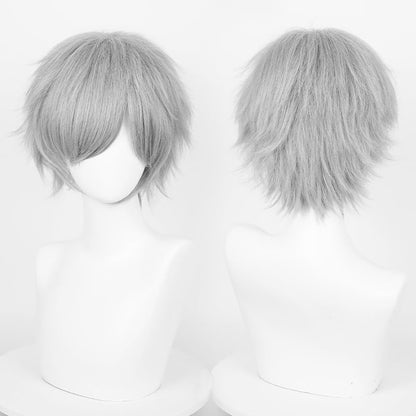 LABEAUTÉ Short Gray Anime Cosplay Wig Male Men Anime Layered Unisex Heat Resistant Hair Wig with Bangs for Party and Halloween for Gift + Free Cap - color: Gray