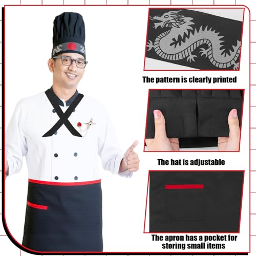 Hibachi Chef Hat and Apron Costume Set, Professional Complete Japanese Teppanyaki Costume with Tall Chef Hat - size: 70 x 70 cm, style: Adult
