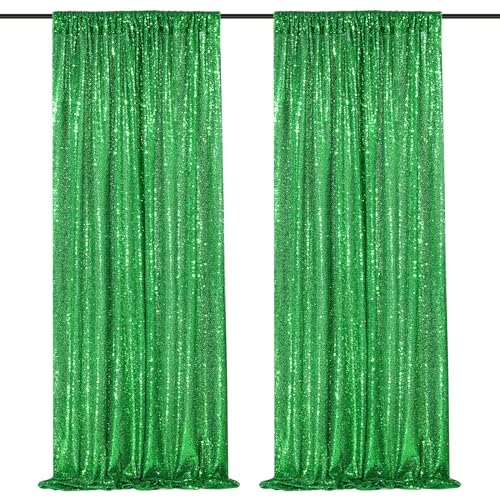 Green Sequin Backdrop Curtains 2 Panels 2FTx8FT Christmas Party Backdrop | Glitter Birthday Bridal Wedding Curtains Sparkle Photo Backdrop, Sparkly 3MM sequins with 4 inch rod pockets - color: Dark Green, size: 2 pcs-2ftx8ft