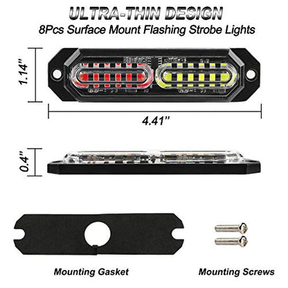 ASPL 8pcs Sync Feature Ultra Slim 12-LED Surface Mount Flashing Strobe Lights for Truck Car Vehicle LED Mini Grille Light Head Emergency Beacon Hazard Warning Lights (Red/White) - color: Red/White, size: 4.41L x 0.44W x 1.14H Inch