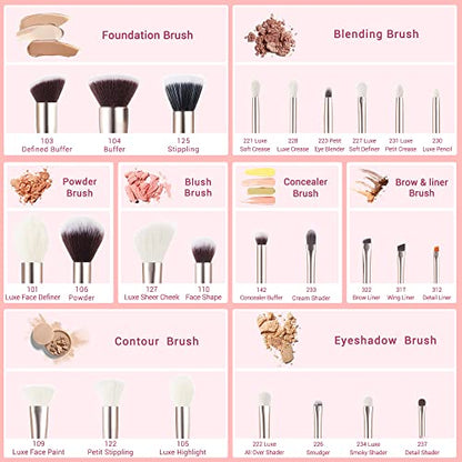 Jessup Makeup Brushes Set Professional, 25PCS Pink Premium Natural Powder Foundation Eyeshadow Blending Concealer Blusher Highlight Labeled Brushes, T290 - color: Blushing Bride
