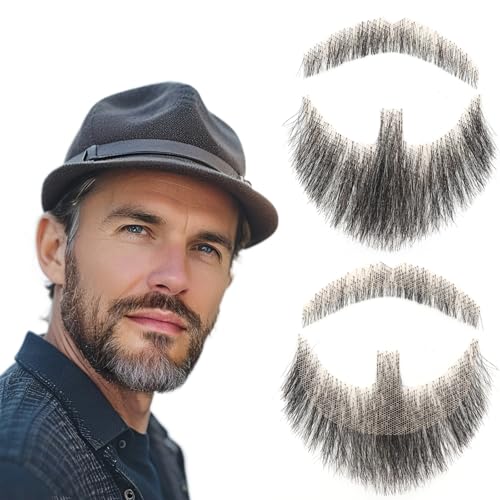 Hand-Tied Human Hair Fake Beard and Mustache for Costumes and Theater | Hand-knotted human hair on lightweight lace creates natural-looking facial hair for costumes, cosplay, theater and film - color: Style 1--02