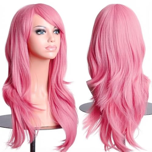 PORSMEER Pink Womens Wig 26inch 70cm Long Wavy Hair Party Movie Cosplay Costume Halloween Wig - color: Pink