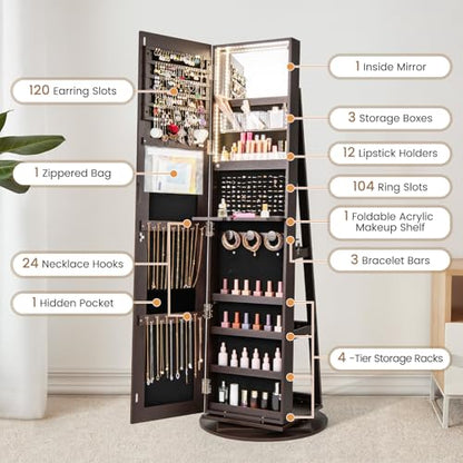 LOKO 360° Swivel Jewelry Cabinet, Lockable Jewelry Organizer (Espresso) - color: Espresso