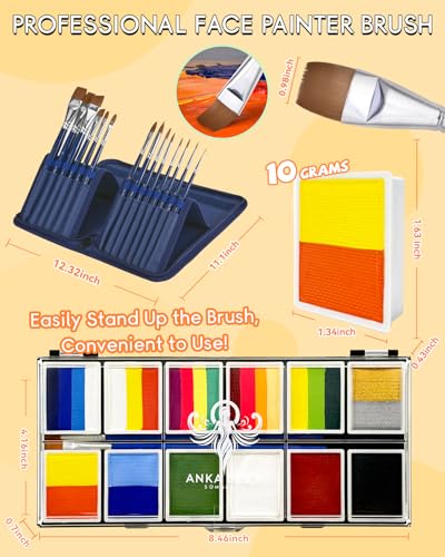 Anka Bella Face Paint Kit for Kids – 12 Colors Water Based Face Paint Palette with Brushes & Stencils, Non Toxic Washable Body Paint for Halloween, Birthday Party, Carnival, Cosplay Makeup - color: HeroVibe Palette