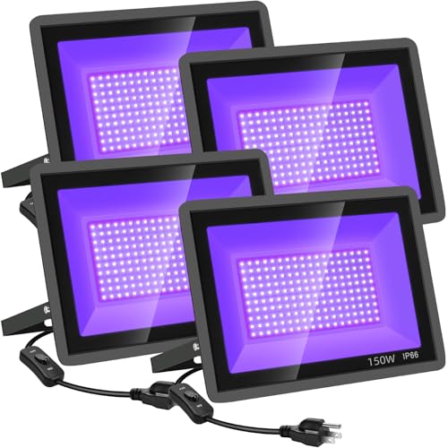 YANYCN 4 Pack 150W LED Black Lights, Blacklight Flood Light Outdoor with Plug and Switch, IP66 Waterproof for Dance Party, Glow in The Dark, Halloween Lights, Body Paint, Fluorescent Poster - size: 4pack 150W led black light