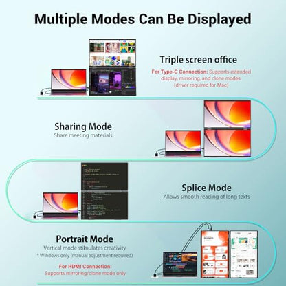 InnoView Dual Portable Monitor 15.6" 1920x1080 Dual Stacked Foldable Monitor | 315° Screen Adjustment | USB-C/HDMI Dual Screen Monitor for Laptop, Mac, Windows - size: 15.6 inch