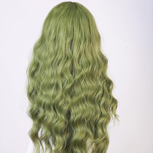 Green Curly Wig with Bangs for Women, 31 Inch Synthetic Cosplay Wig, Natural Looking Wavy Wig with Wig Cap for Parties, Role Play and Dress Up - color: Green