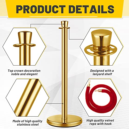 Wesiti 6 Pcs Stainless Steel Stanchion Post Queue, 5ft Red Velvet Rope Red Carpet Ropes and Poles Stanchions and Velvet Ropes Gold Stanchions with Red Rope Crowd Control Barriers for Party Supplies - color: Gold
