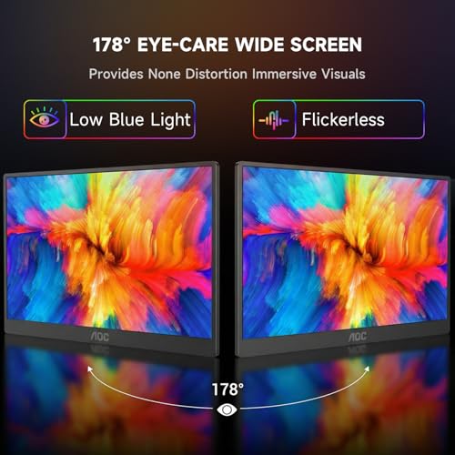 AOC Portable Monitor 15.6'' FHD 1080P IPS 125% sRGB, USB-C HDMI Travel Monitor for Laptop, Ultra Slim External Second Screen for Work, Gaming, Mac, PS5, Xbox, Switch with Speakers & HDR, Black