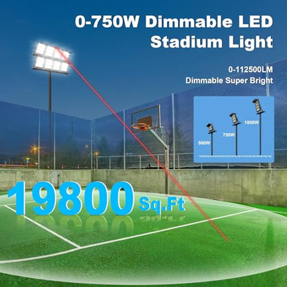 112500LM Led Stadium Light Dimmable 0-750w Super Bright Daylight | Led Arena Flood Lights Outdoor 100-277v 5000k Yoke U Mount IP66 Waterproof Sportcourt Light Commercial for Square Golf Port - size: Extra Large/750/Dimmable
