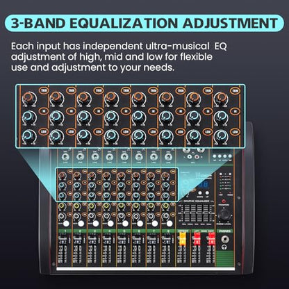 Audio Mixer 8 Channel, Professional Music Sound Mixer Board with 48V Phantom Power, Digital DJ Mixing Console with Reverb USB Port Bluetooth for Recording Karaoke Podcasting