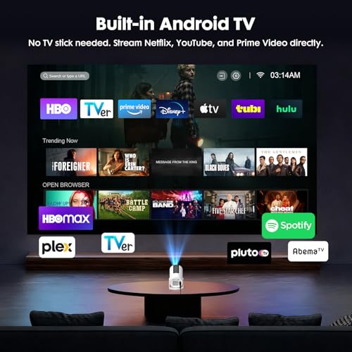 [Built-in Apps] Mini Projector with WiFi and Bluetooth, Native 1080P Portable Movie Projector for Bedroom, Android 12, Auto Vertical Keystone, 180° Rotation, Compatible with HDMI/USB/TV Stick/Laptop