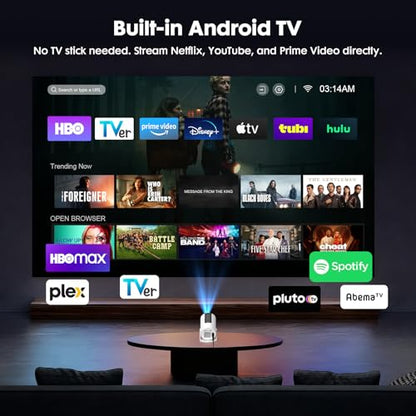 [Built-in Apps] Mini Projector with WiFi and Bluetooth, Native 1080P Portable Movie Projector for Bedroom, Android 12, Auto Vertical Keystone, 180° Rotation, Compatible with HDMI/USB/TV Stick/Laptop