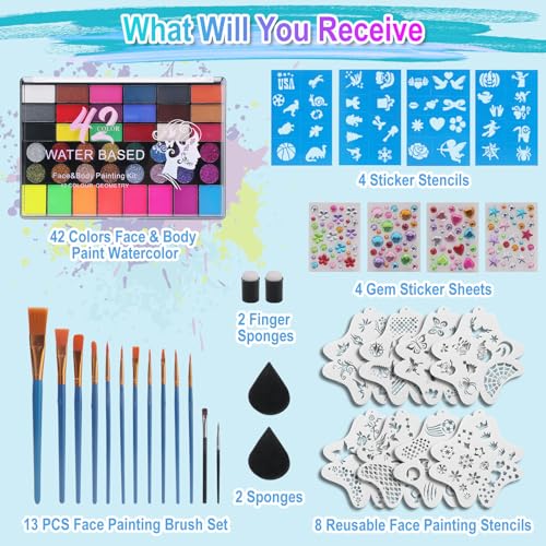 42 Color Face Painting Kit – Water Activated Facepaint Makeup Set | Non-Toxic Washable, Professional Face Paint with Stencils, Gems, Brushes– for Kids, Adults, Halloween, Costume, Party, Makeup