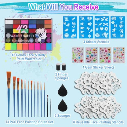 42 Color Face Painting Kit – Water Activated Facepaint Makeup Set | Non-Toxic Washable, Professional Face Paint with Stencils, Gems, Brushes– for Kids, Adults, Halloween, Costume, Party, Makeup
